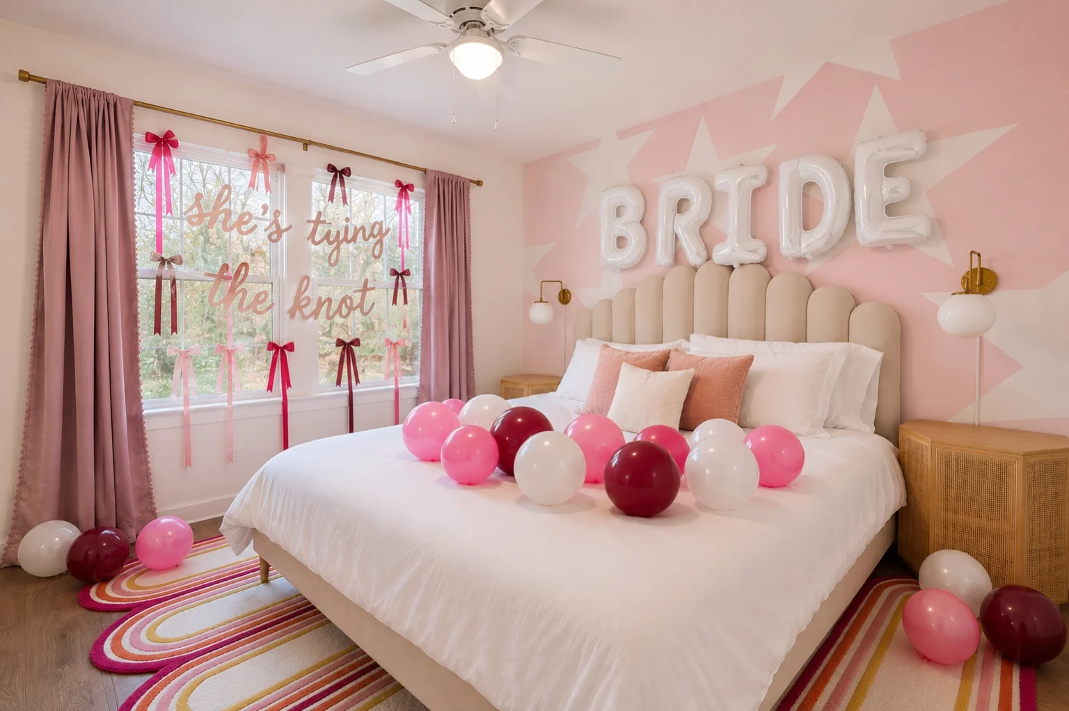Airbnb bedroom decorated with bows and balloons